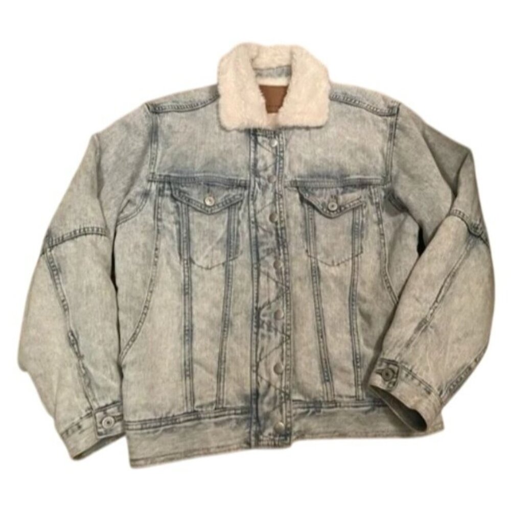 American Eagle Faux Shearling-Lined Denim Jacket With Button & Zip Closure XS